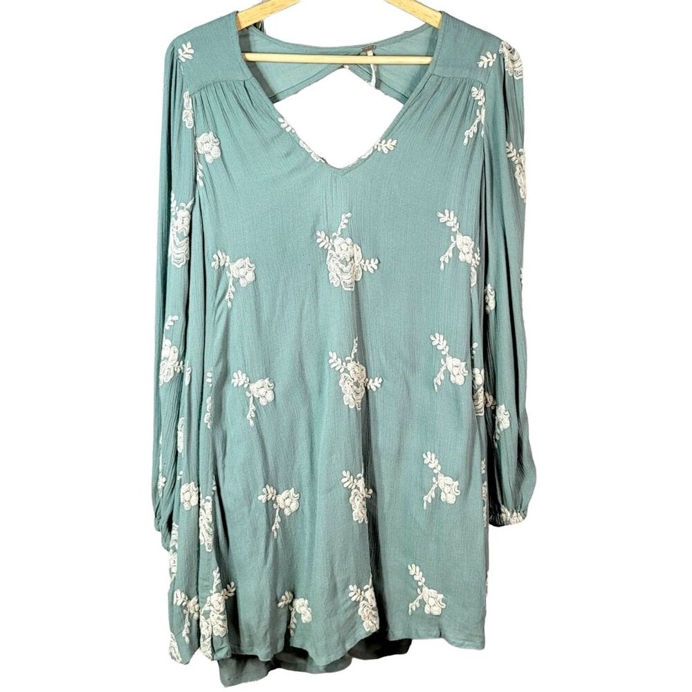 Free People Boho Dress Blue Green Small Lined Cut Out Floral Mini Emma Swing